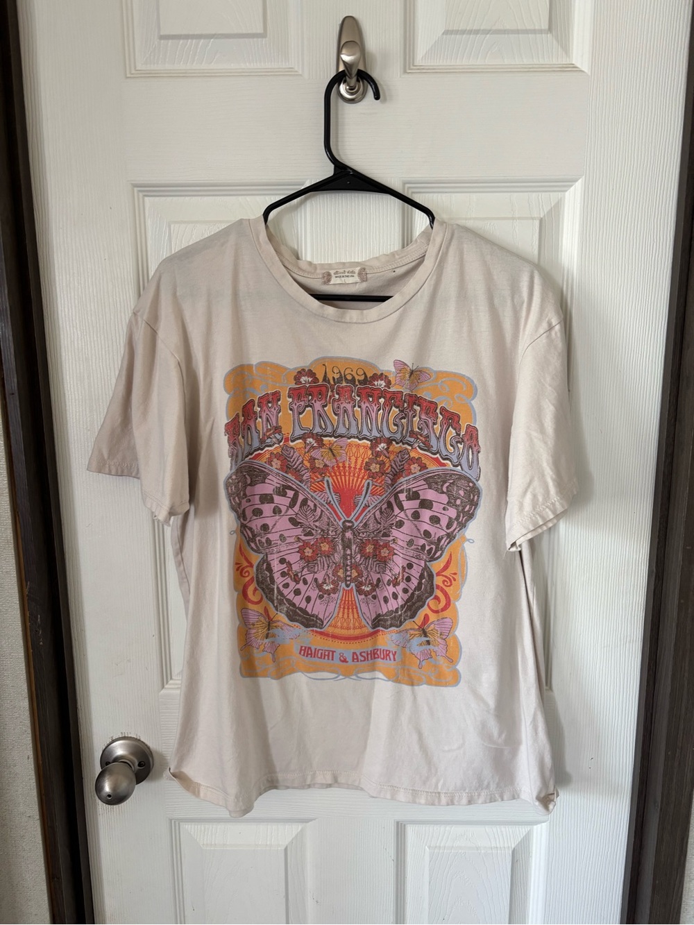 Altar'd State Cream Tee with Pink Butterfly Graphic